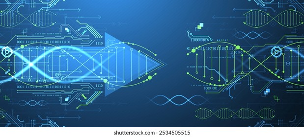Conhecimentos científicos e tecnológicos. Imagem de molécula de dna com elementos tecnológicos. Vetor desenhado à mão.