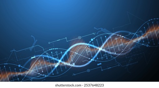 Antecedentes científicos y tecnológicos. Imagen de moléculas de ADN con Elementos tecnológicos. Vector dibujado a mano.