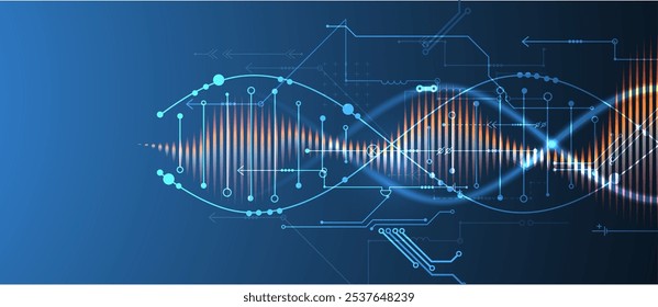 Conhecimentos científicos e tecnológicos. Imagem de molécula de dna com elementos tecnológicos. Vetor desenhado à mão.