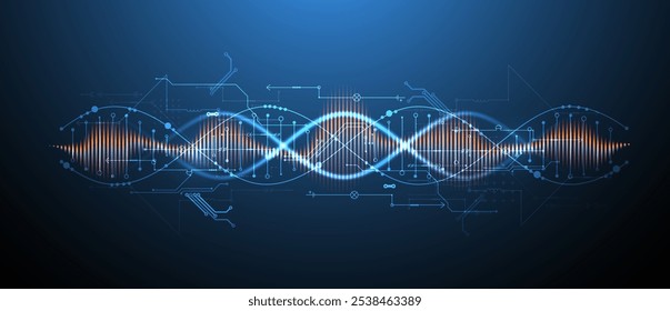 Scientific and technological background. Image of dna molecule with technological elements. Hand drawn vector.