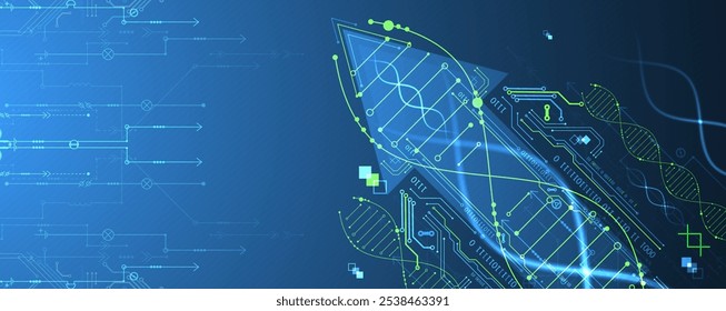 Scientific and technological background. Image of dna molecule with technological elements. Hand drawn vector.