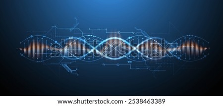 Scientific and technological background. Image of dna molecule with technological elements. Hand drawn vector.