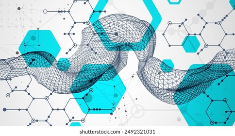 Wissenschaftlicher und technologischer Hintergrund. Drahtgitterwelle mit Sechsecken verschiedener Typen auf einem grauen Gradienten.