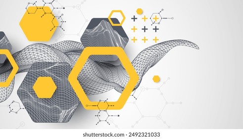 Formación científica y tecnológica. Onda de modelo de alambres con hexágonos de diferentes tipos en un gradiente gris.