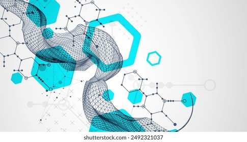 Scientific and technological background. Wireframe wave with hexagons of different types on a gray gradient.