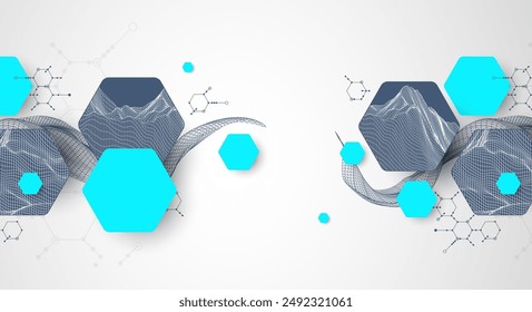 Scientific and technological background. Wireframe wave with hexagons of different types on a gray gradient.