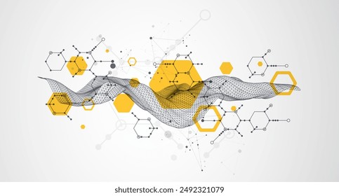 Scientific and technological background. Wireframe wave with hexagons of different types on a gray gradient.