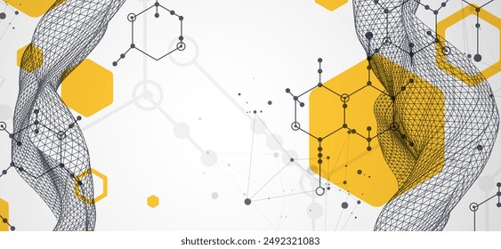 Formación científica y tecnológica. Onda de modelo de alambres con hexágonos de diferentes tipos en un gradiente gris.