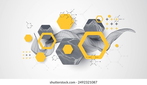 Scientific and technological background. Wireframe wave with hexagons of different types on a gray gradient.