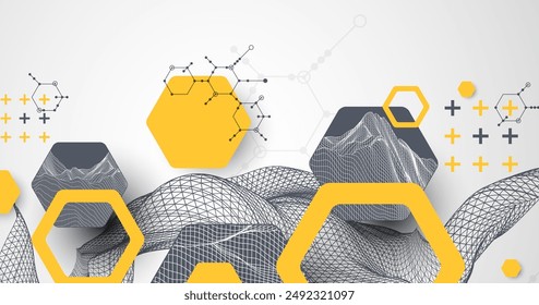 Formación científica y tecnológica. Onda de modelo de alambres con hexágonos de diferentes tipos en un gradiente gris.