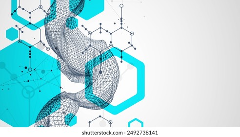 Scientific and technological background. Wireframe wave with hexagons of different types on a gray gradient.