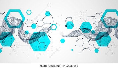 Scientific and technological background. Wireframe wave with hexagons of different types on a gray gradient.