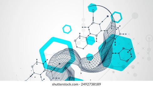 Scientific and technological background. Wireframe wave with hexagons of different types on a gray gradient.