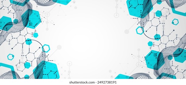 Scientific and technological background. Wireframe wave with hexagons of different types on a gray gradient.