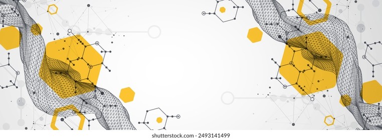 Scientific and technological background. Wireframe wave with hexagons of different types on a gray gradient.