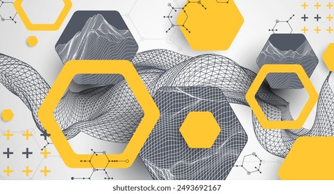 Scientific and technological background. Wireframe wave with hexagons of different types on a gray gradient.