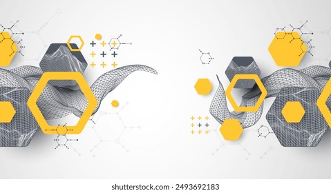 Scientific and technological background. Wireframe wave with hexagons of different types on a gray gradient.