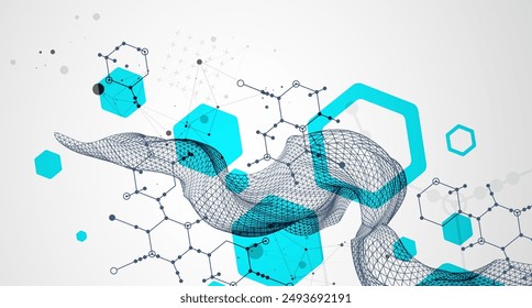 Scientific and technological background. Wireframe wave with hexagons of different types on a gray gradient.