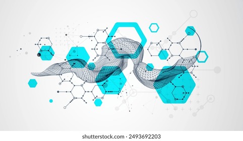 Wissenschaftlicher und technologischer Hintergrund. Drahtgitterwelle mit Sechsecken verschiedener Typen auf einem grauen Gradienten.