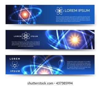 Scientific and technological banners with atom model. Nanotechnologies vector illustration