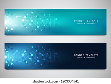 Scientific and technological vector banners. Abstract background with DNA helix and molecular structures