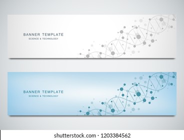 Scientific and technological vector banners. Abstract background with DNA helix and molecular structures