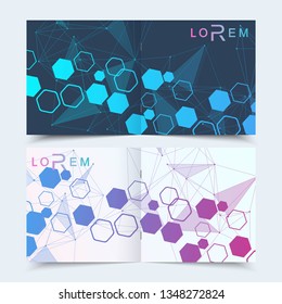 Scientific templates square brochure, magazine, leaflet , flyer, cover, booklet, annual report. Scientific concept for medical, technology, chemistry Structure molecule and communication Dna atom