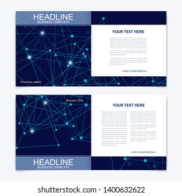 Scientific templates square brochure, magazine, leaflet , flyer, cover, booklet, annual report. Scientific concept for medical, technology, chemistry. Structure molecule and communication. Dna, atom.