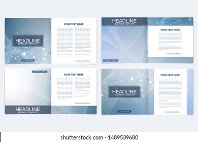 Scientific templates square brochure, magazine, leaflet , flyer, cover, booklet, annual report. Scientific concept for medical, technology, chemistry. Structure molecule and communication. Dna, atom.