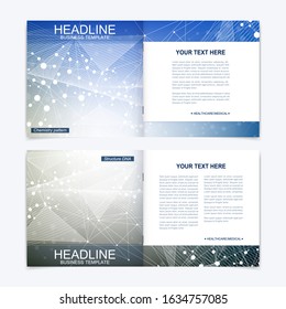 Scientific templates square brochure, magazine, leaflet , flyer, cover, booklet, annual report. Scientific concept for medical, technology, chemistry. Structure molecule and communication. Dna, atom.