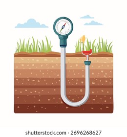 A scientific tensiometer embedded in a cross-section of layered soil, measuring water potential.