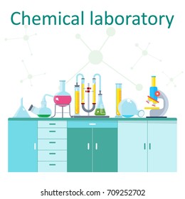 Scientific and training equipment on tables in laboratory. Research, experiments, education and analysis. Flat vector cartoon illustration. Objects isolated on a white background.