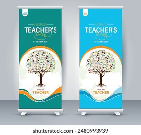 Scientific Tree Trunk for Happy teacher's Day roll up banner design, Seamless Teacher's Day Pattern with book, logo, backpack, etc. You can use this as a background