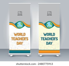 Scientific Tree Trunk for World Teacher Day Roll up, Banner Design,  Seamless Teacher's Day Pattern with book, global, logo, backpack, etc. You can use this as a background or wallpaper.