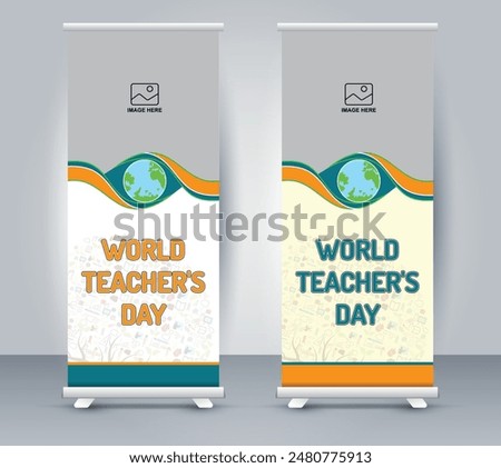 Scientific Tree Trunk for World Teacher Day Roll up, Banner Design,  Seamless Teacher's Day Pattern with book, global, logo, backpack, etc. You can use this as a background or wallpaper.
