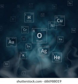 Scientific vector background with chemical elements symbols and white smoke. Scientific chemistry molecular atomic helium and copper, oxygen and hydrogen, gold and silver illustration