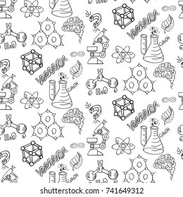 Scientific vector background. Hand drawn doodle cartoon seamless pattern of Science theme.