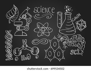 Scientific vector blackboard. Hand drawn doodle cartoon set of Science theme.