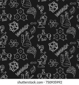 Scientific vector chalkboard. Hand drawn doodle cartoon seamless pattern of Science theme. 