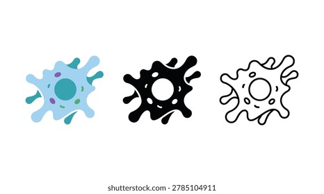 Scientific vector collection showcasing amoeba cell microorganisms in three visual formats including colorful flat design solid black glyph and clean linear outline art.