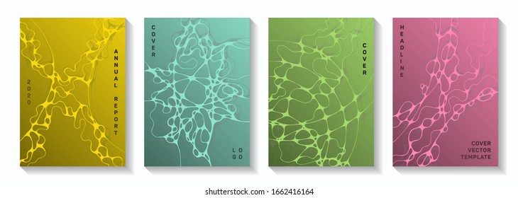 Scientific vector covers with molecular structure or nervous system cells. Dynamic waves rete backdrops. Abstract title page vector layouts. Microbiology science covers.