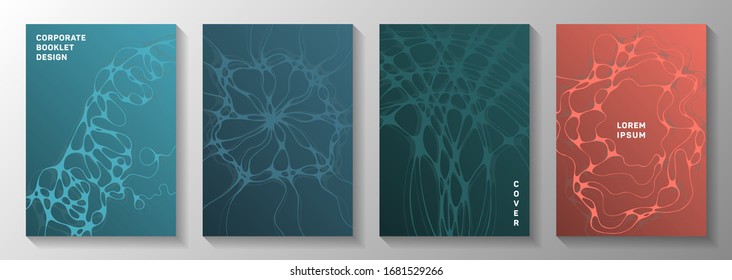 Cubiertas vectoriales científicas con estructura molecular o células del sistema nervioso. Superposición de las líneas de curva de fondo flux. Futuristas plantillas vectoriales de folletos. La neurociencia cubre el diseño.