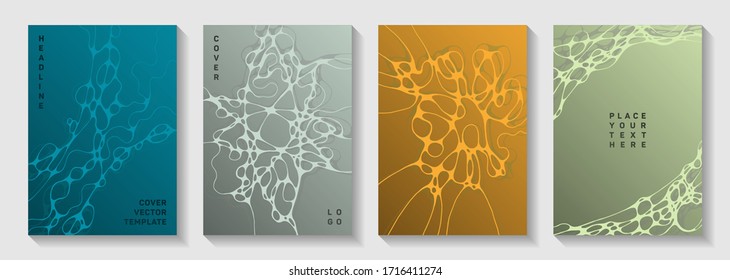 Cubiertas vectoriales científicas con estructura molecular o células del sistema nervioso. Fondo de red de ondas dobladas. Vibrantes plantillas vectoriales de página de título. Anatomía, biología, tapas de medicina.