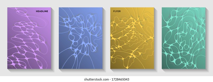 Scientific vector covers with molecular structure or nervous system cells. Smooth waves blockchain textures. Flat notebook vector templates. Scientific biotechnology covers.