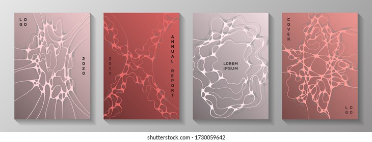 Cubiertas vectoriales científicas con estructura molecular o células del sistema nervioso. Las olas de mármol mezclan los fondos. Coloridos diseños vectoriales de folletos. La neurociencia cubre el diseño.