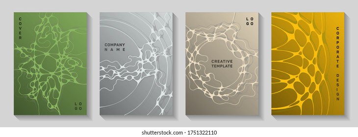 Scientific vector covers with molecular structure or nervous system cells. Doodle waves grid textures. Creative notebook vector layouts. Scientific biotechnology covers.