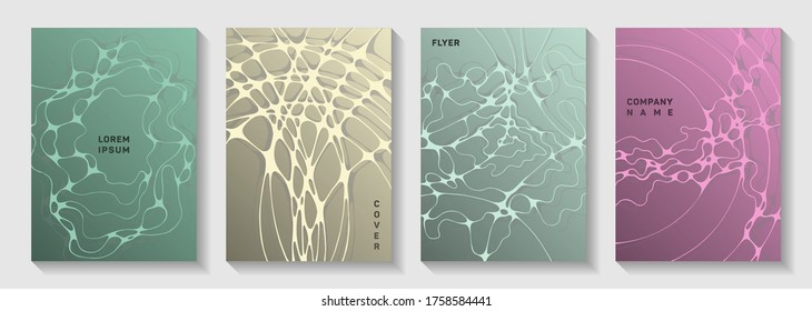 Scientific vector covers with molecular structure or nervous system cells. Intersecting waves fusion backgrounds. Vibrant brochure vector layouts. Anatomy, biology, medicine covers.