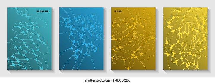 Scientific vector covers with molecular structure or nervous system cells. Crossed waves geometry backdrops. Futuristic notebook vector layouts. Neurology scientific covers.