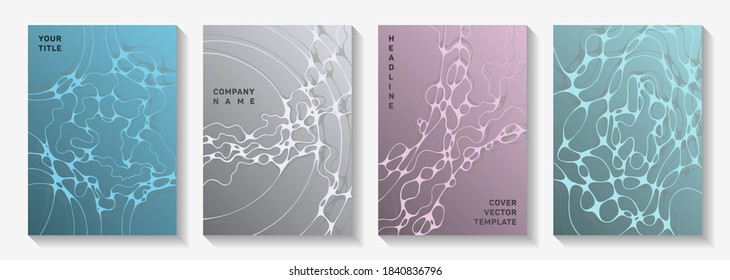 Scientific vector covers with molecular structure or nervous system cells. Doodle waves blockchain backdrops. Subtle brochure vector layouts. Chemistry or physics covers.