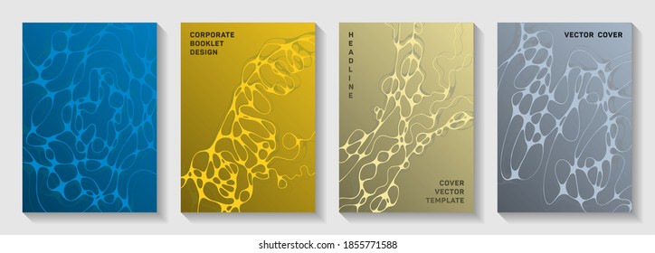 Scientific vector covers with molecular structure or nervous system cells. Fluid curve lines network backdrops. Abstract brochure vector layouts. Anatomy, biology, medicine covers.